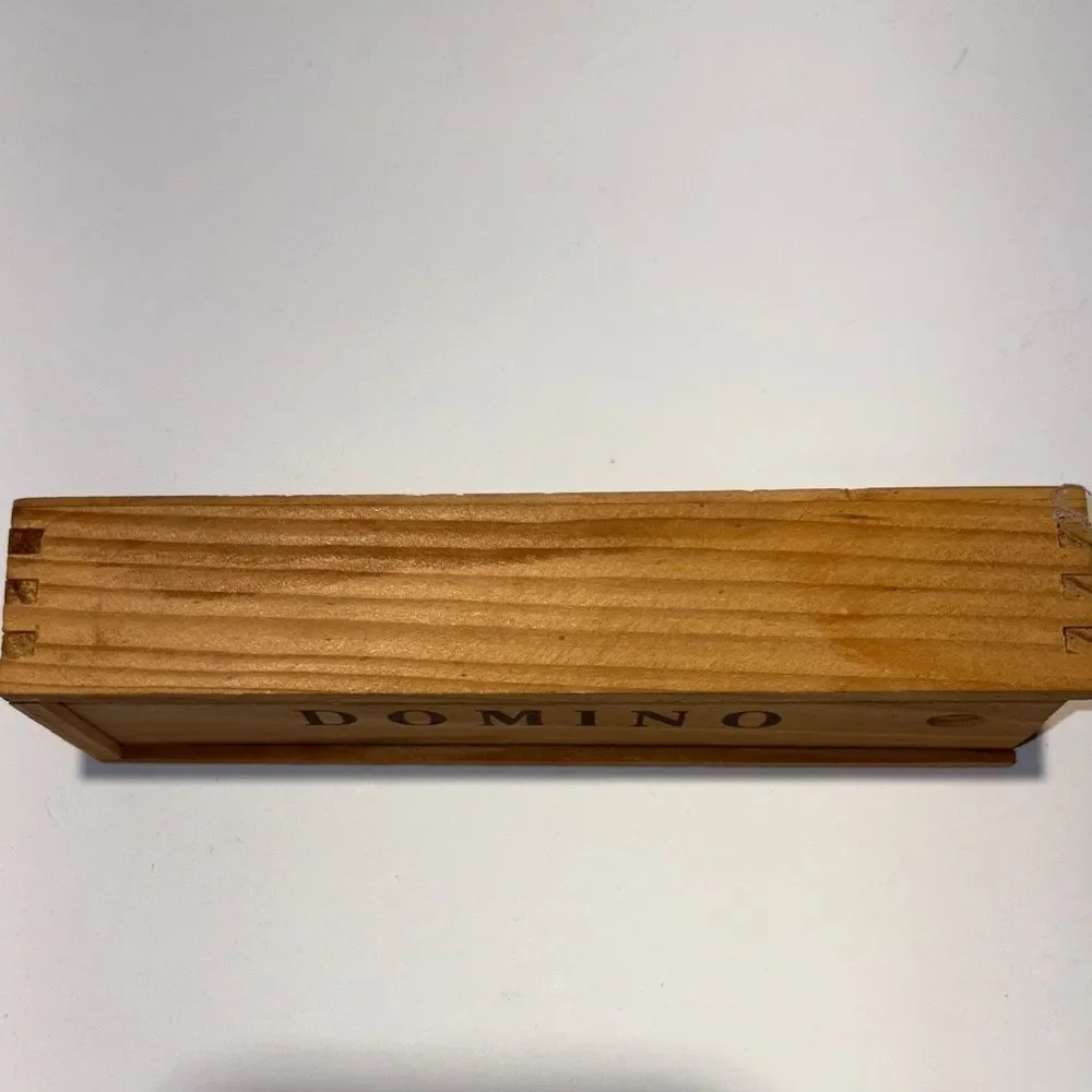 Natural Wood dominos Storage Box with small wooden dominos.